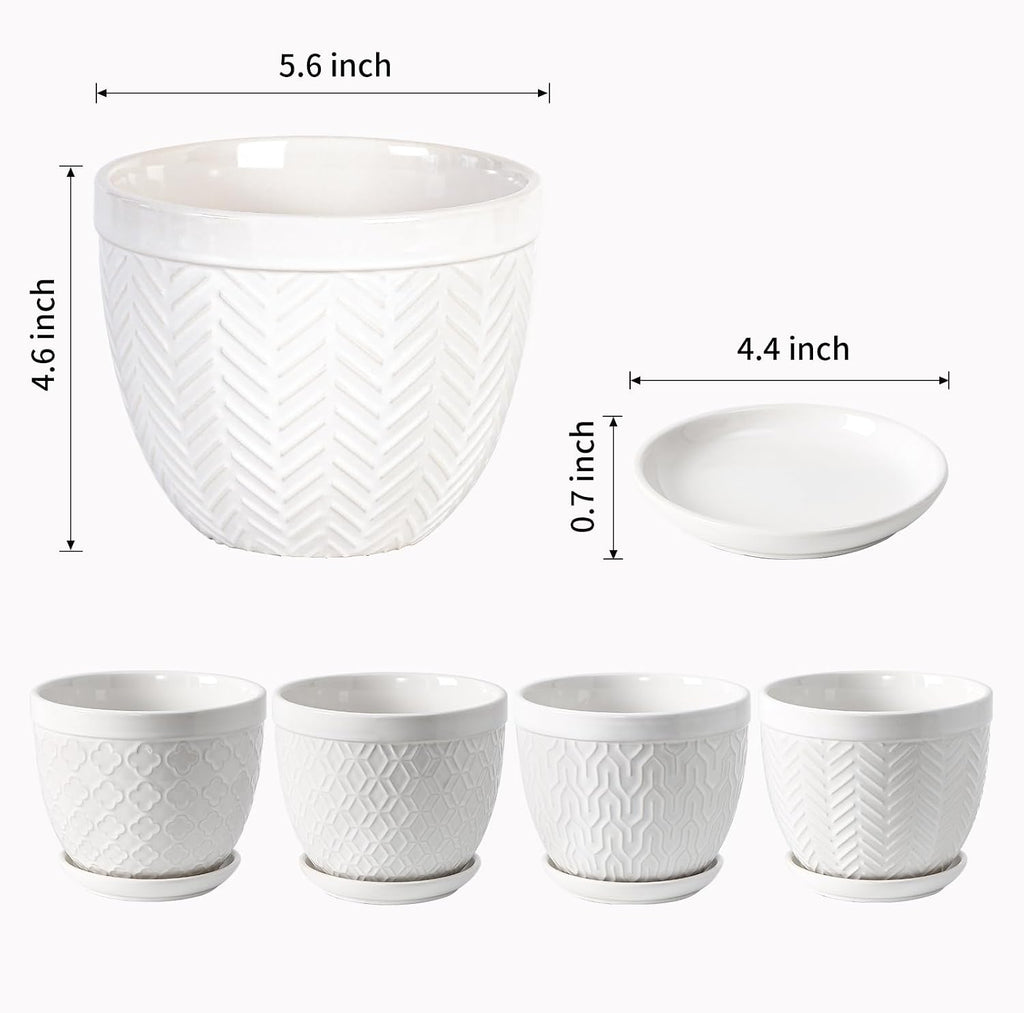 Sureasy Ceramic Indoor Plant Pots - 5.6 Inch Flower Pots for Plants with Drainage Hole and Saucer, Embossed Planter for