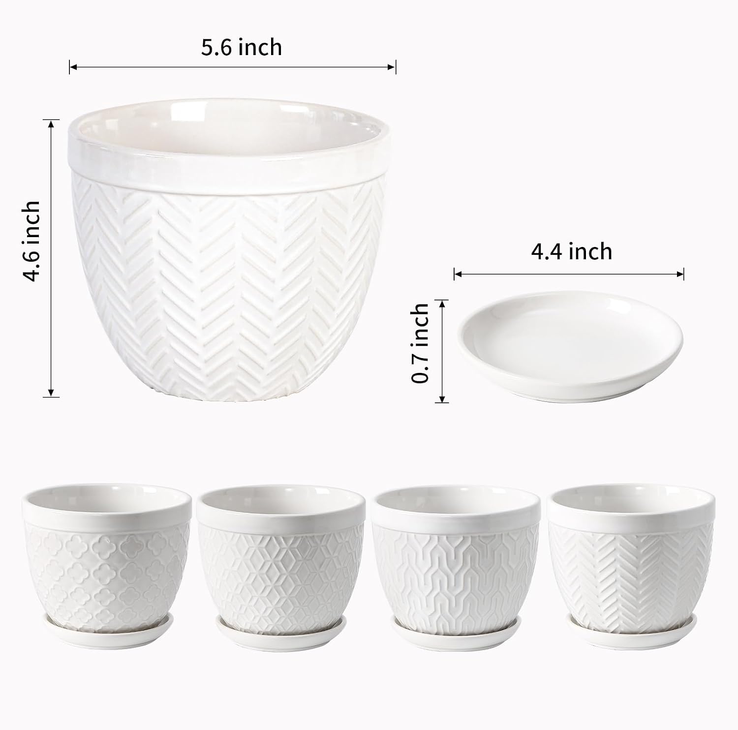 Sureasy Ceramic Indoor Plant Pots - 5.6 Inch Flower Pots for Plants with Drainage Hole and Saucer, Embossed Planter for