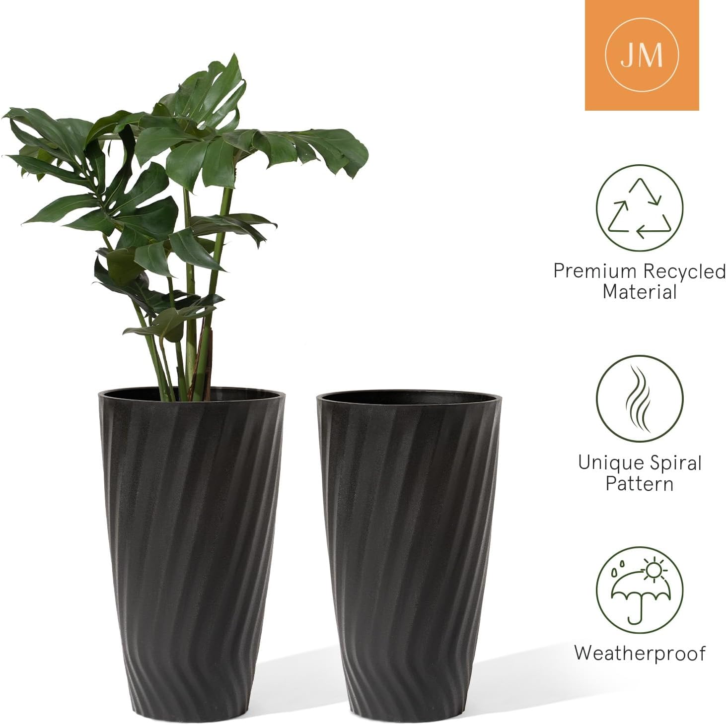 La Jolie Maison 24 Inch Tall Planters, Large Decorative Plant Pots Set of 2 | Tall Black Planter for Indoor and Outdoor