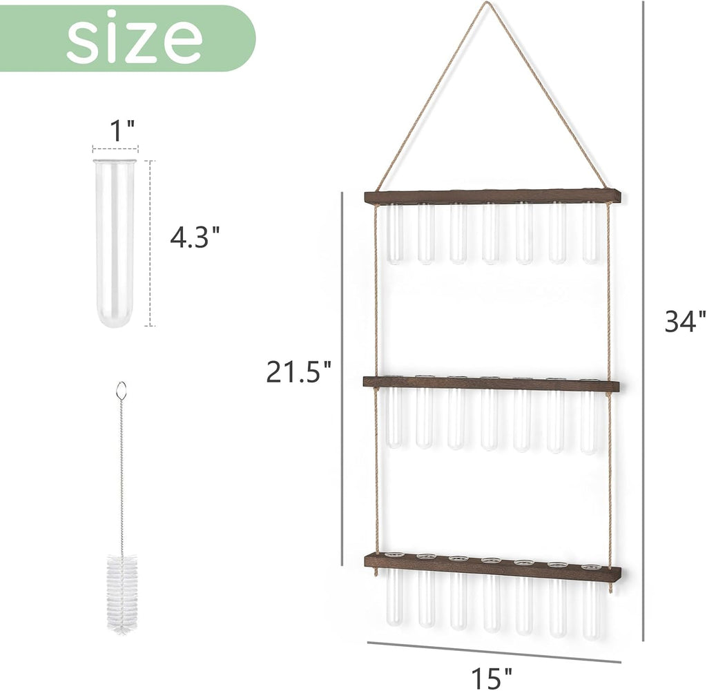 Mkono Plant Propagation Station, 3 Tier Large Brown Wall Hanging Vase Tubes | Glass Terrarium Planter,Wooden Stand,for