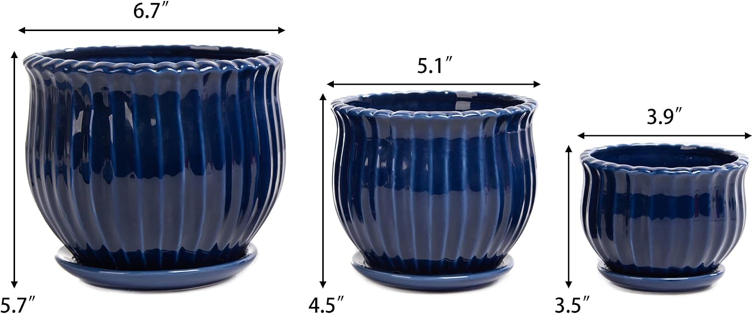 Ceramic Flower Pots, Ceramic Planters with Drainage Hole and Saucer, Modern Round Ceramic Succulent Plant Pots with