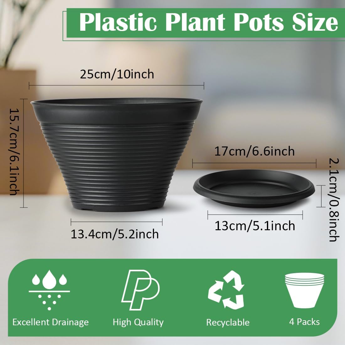 RooTrimmer 5 Pack 10 Inch Plant Pots with Saucers, Plastic Flower Pots with Drainage Holes, Large Planters for Indoor