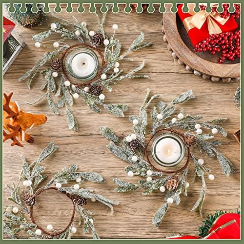 Geosar 6 Pack Christmas Candle Rings Frosted Mistletoe Pearl Wreaths