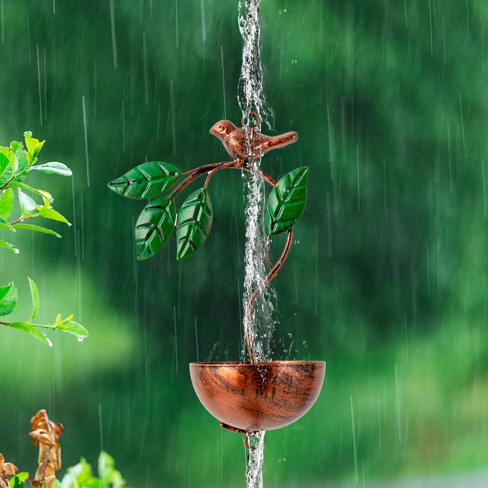 dreamysoul Rain Chains for Outside, Leaves and Bird Decorative Rain Catcher Chains for Downspout Gutter, Eaves Drainage