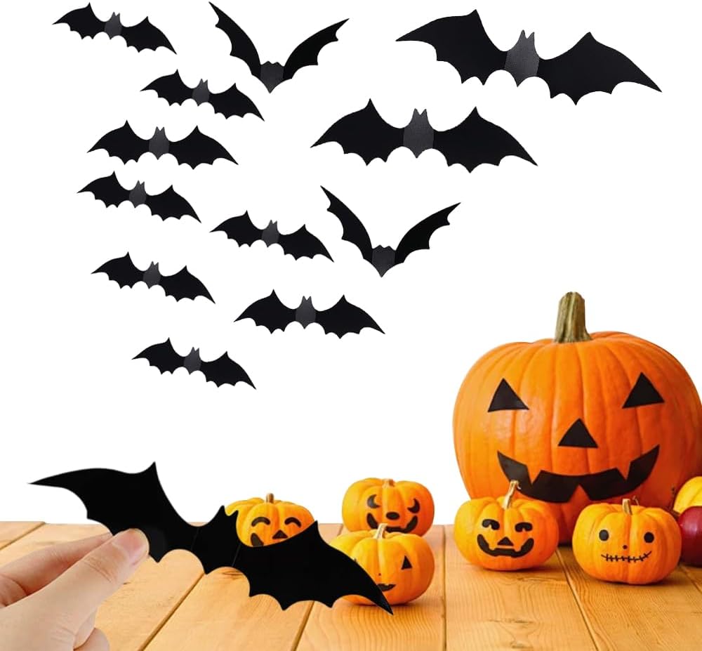 Halloween 3D Lighted Bats, LED Purple Glowing Wall Stickers, Indoor Outdoor