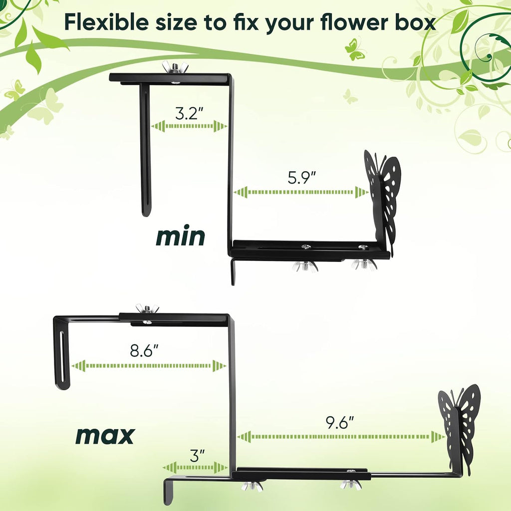 VIVIKEN Planter Box Bracket, Adjustable Window Box Holder with Butterfly | Hanging Flower Pot Stand Brackets for