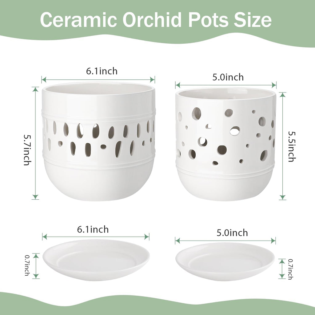 Orchid Pot with Holes, 5+6 Inch Ceramic Orchid Pots, Flower Pots with Drainage and Saucer, Promoting Air Circulation