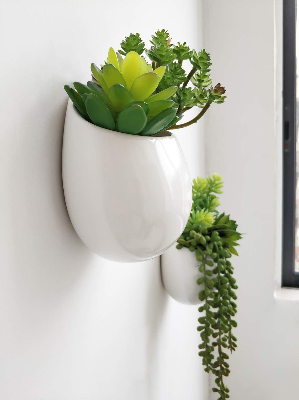 Mkono Wall Planter Ceramic Hanging Pot with Artificial Fake Plants, 3 Pack | 8 Realistic Succulents Included,White Air
