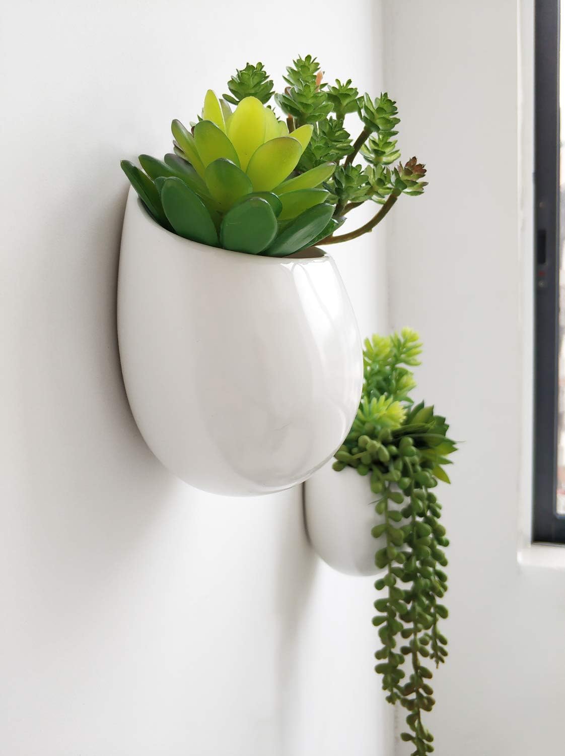 Mkono Wall Planter Ceramic Hanging Pot with Artificial Fake Plants, 3 Pack | 8 Realistic Succulents Included,White Air