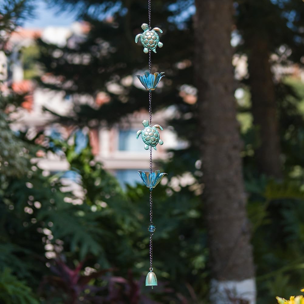 10ft Rain Chain with 16 Cups for Outside Gutters, Eaves, Drainage | Turtle & Lotus Shape, Metal Rain Chain, Adjustable