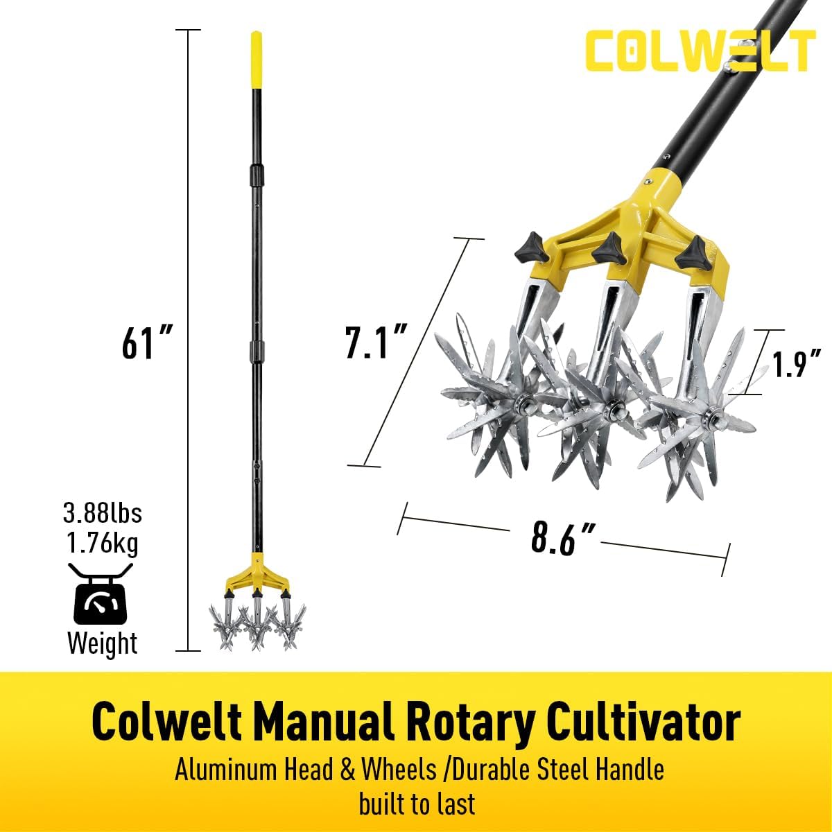 Rotary Cultivator Garden Tool 61’’, Hand Tiller Garden Tool with Detachable Aluminum Tines, Cultivators for Gardening