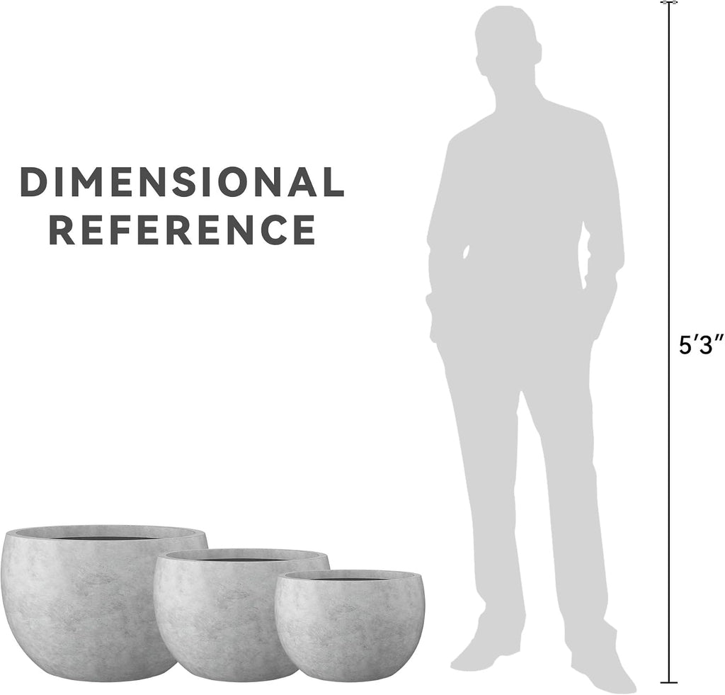 Kante Set of 3 Pale Gray Concrete Bowl Planters 20" 15.7" 11.8" Dia | Drainage for Outdoor, Rubber Plug for Indoor