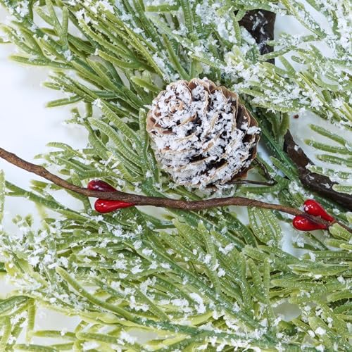 Winlyn 4 Pcs Artificial Snowy Cedar Pine Candle Rings Christmas Candle Holder Rings Wreaths with Pine Cones Red Pip Berries Mini Winter Wreaths 15.7" Wide for Farmhouse Christmas Winter Holiday Décor