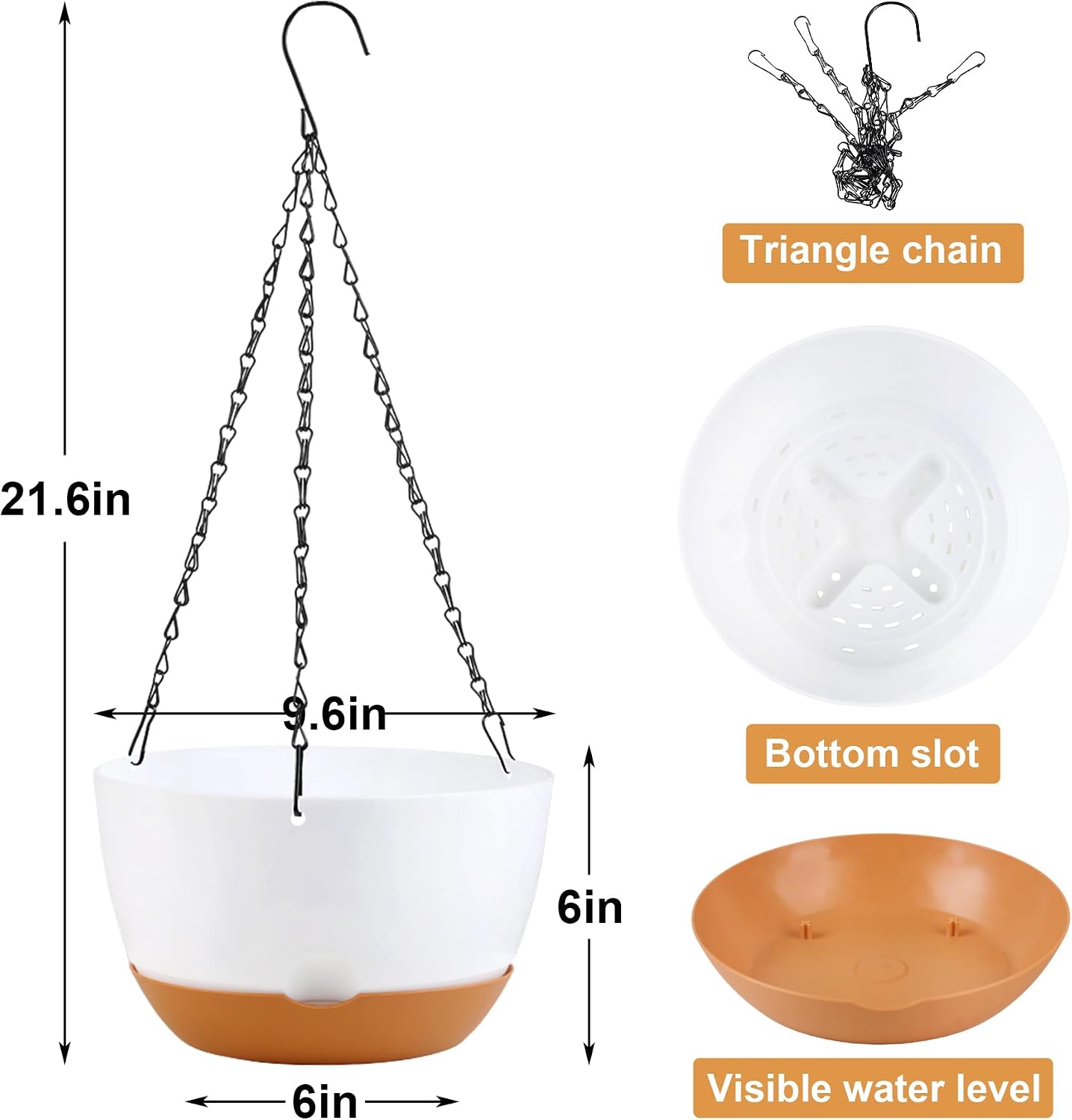 KPUVX 10 inch Hanging Planters Self Watering Pots, 3 Pack, White | For Indoor Plants, Plastic Hanging Basket, Removable
