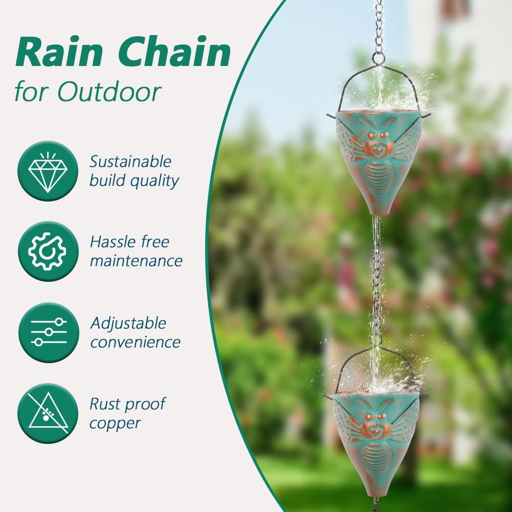 10ft Rain Chains for Outside Gutters, Eaves, Drainage | 10 Bee-Pattern Cups, Metal Rain Chain, Adjustable Length