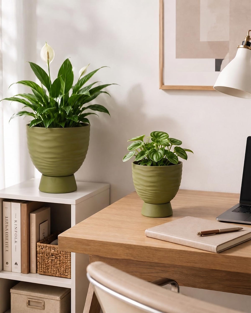 Green Terracotta Self Watering Plant Pots, 6 and 8 Inch with Saucers | Small and large clay flower pots with drainage