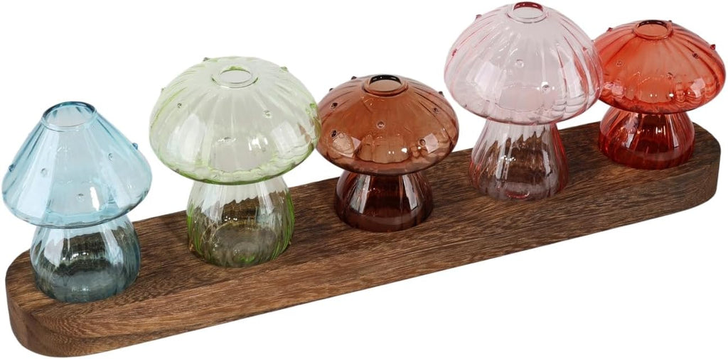 Mushroom Plant Propagation Station, 5 Vases, Wooden Stand | Colored Glass, Hydroponic, Mini Terrarium Planter, Indoor