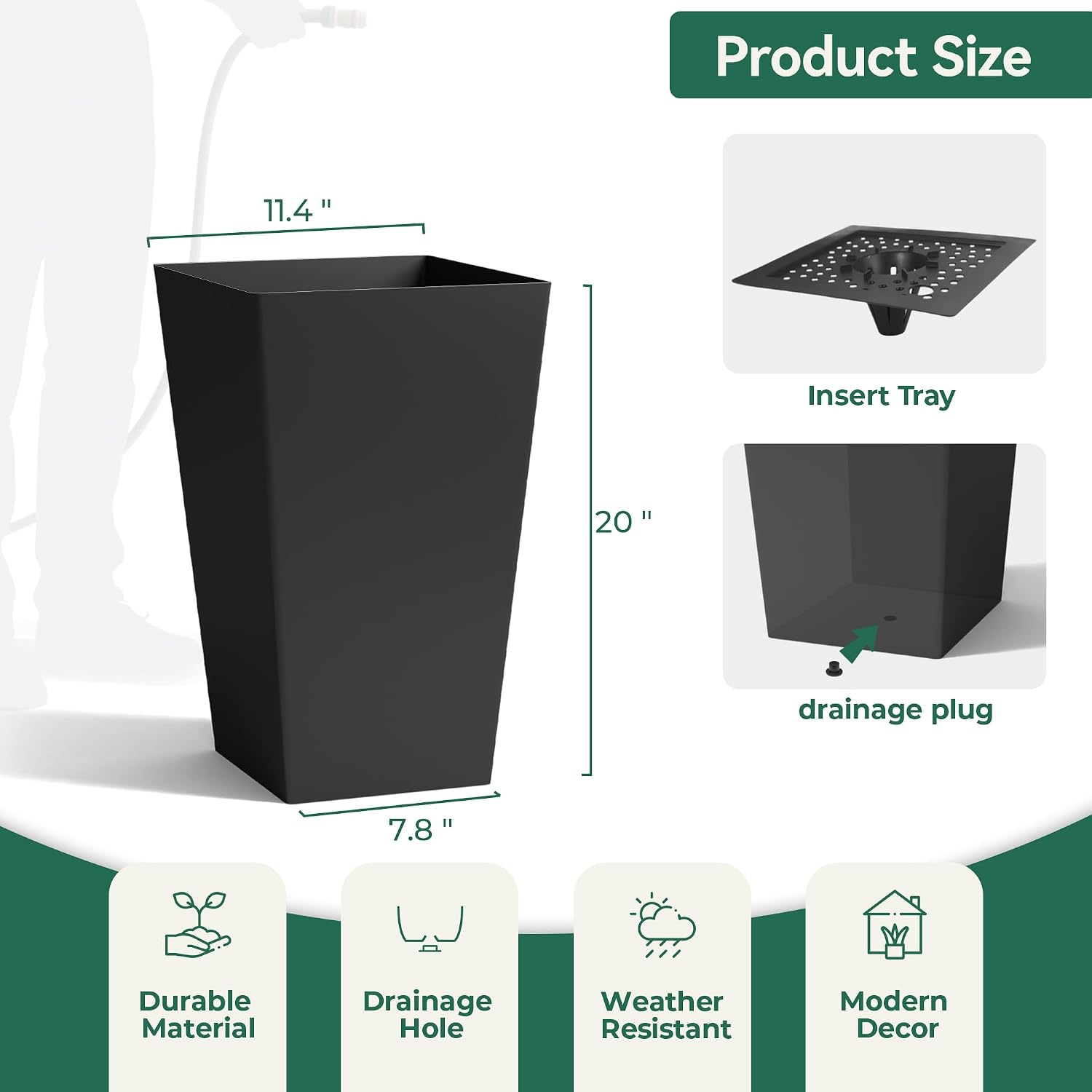 Worth Garden 20" Tall Planters Set of 2 – Large Black Tapered Plastic Flower Pots for Indoor & Outdoor Use – Modern