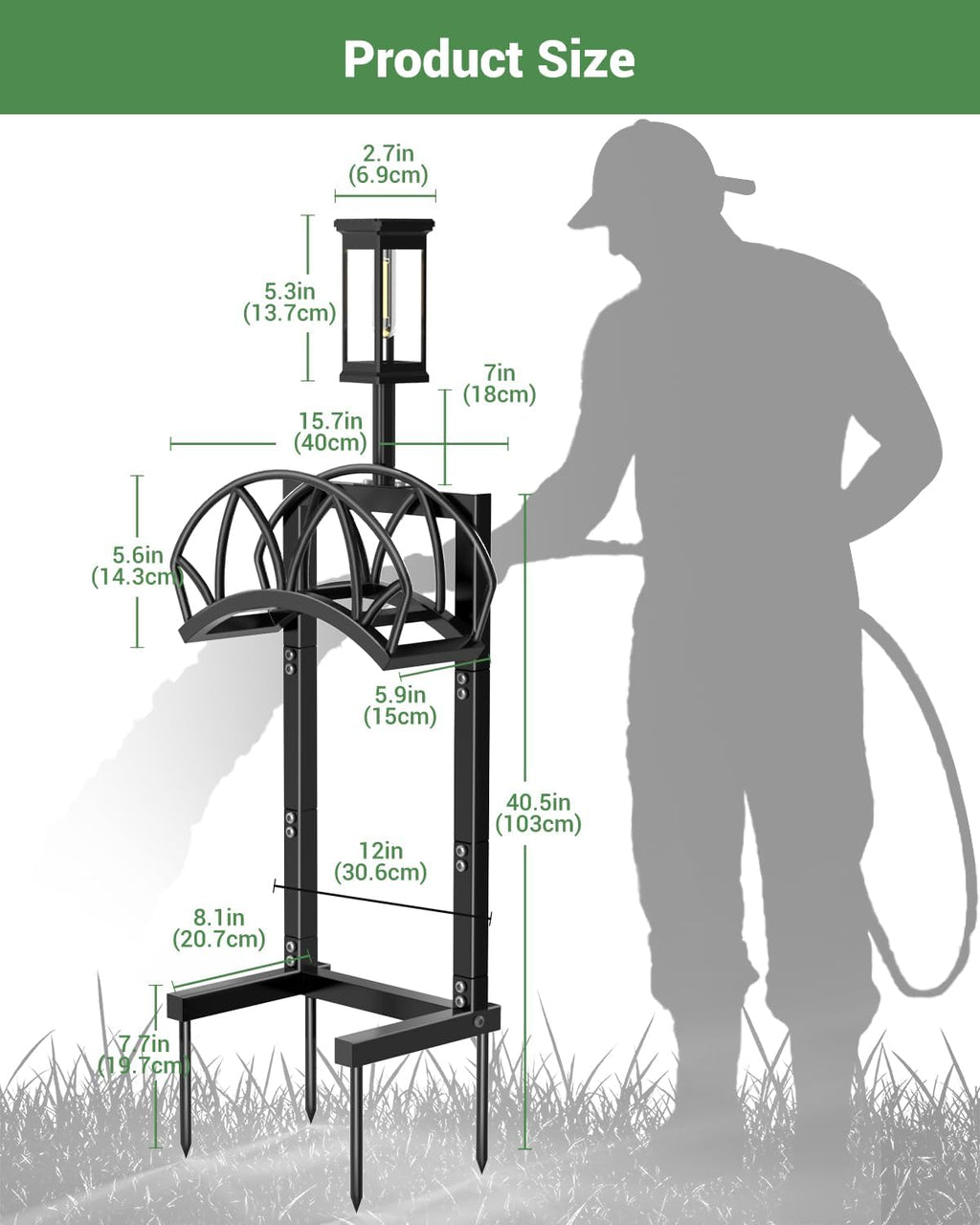 Garden Hose Holder with Solar Light, Freestanding Hose Stand for Outside | Heavy Duty Detachable Hose Storage Rack