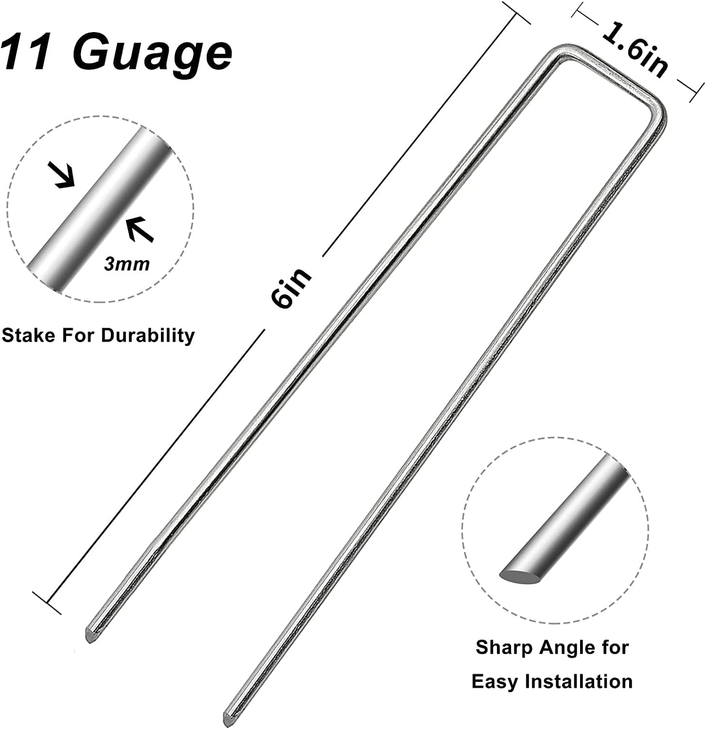 6 inch 200 Pack Landscape Staples Galvanized Garden Stakes | 11 Gauge Heavy Duty Garden Pins for Fences, Lawns, Weed