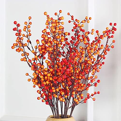 6 Pack Fall Berry Stems Fake Orange Holly Berries Branches Long Stem Plants for Vase, Fall Thanksgivings Harvest Christmas Festival Decorations