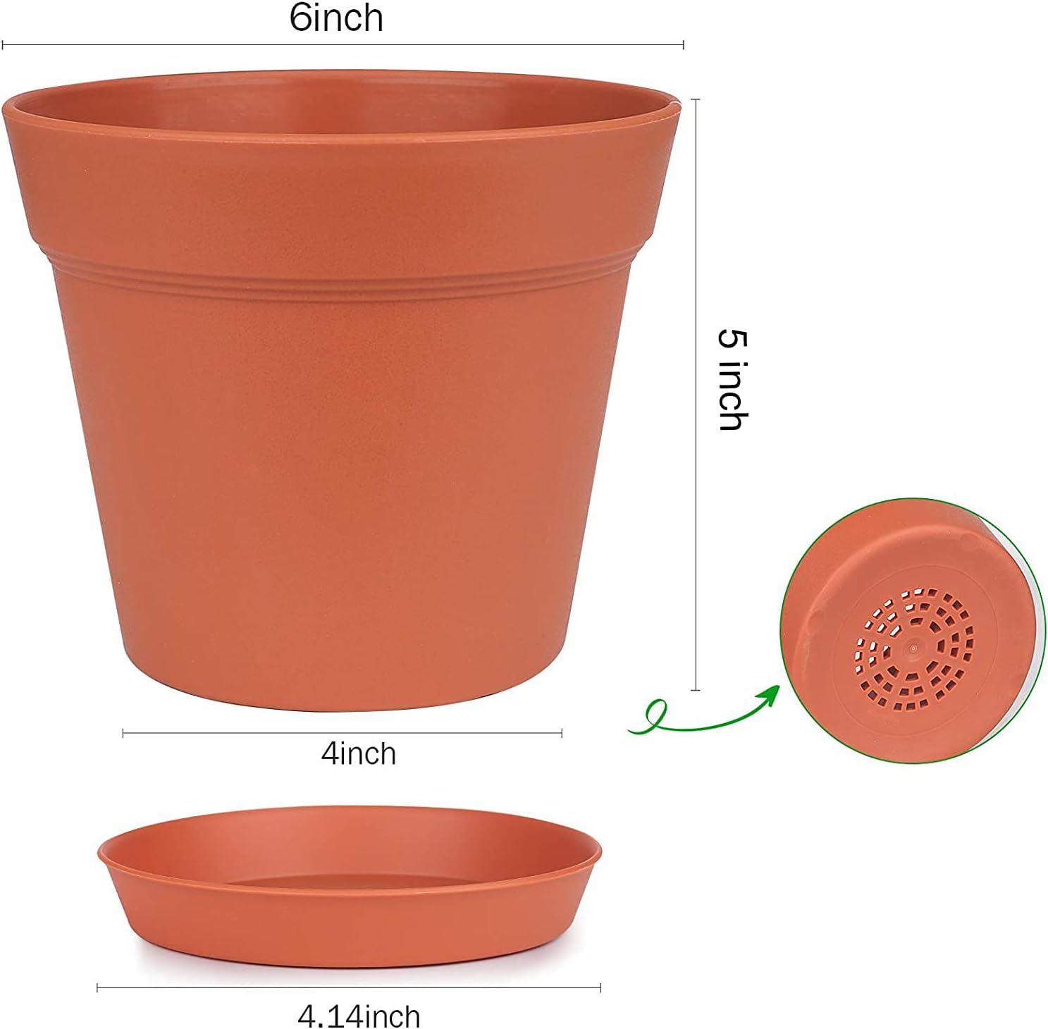 6 Inch Plastic Flower Pots with Drainage Holes and Trays (15 Pcs) | Matte terracotta finish suits orchids, snake
