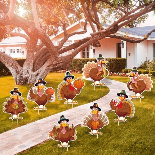 Thanksgiving Plastic Turkey Yard Signs 8pc with Stakes