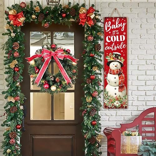 Christmas Snowman "Baby It’s Cold Outside" Porch Sign 31.5" Rustic Welcome Sign for Front Door Farmhouse Style Standing Porch Decoration