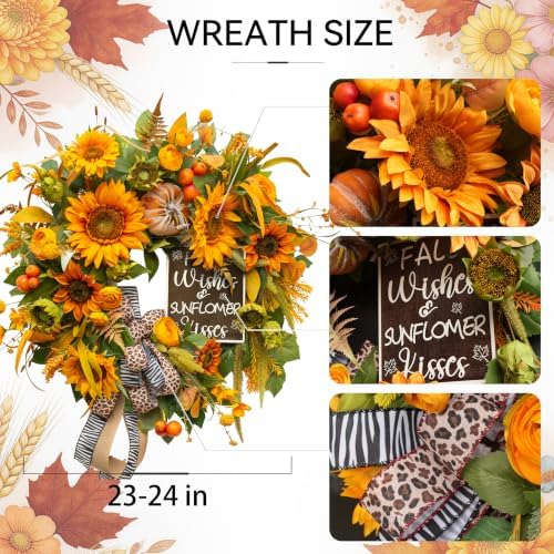 Fall Wreaths for Front Door 24 Inch, Autumn Harvest Wreath with Sunflower
