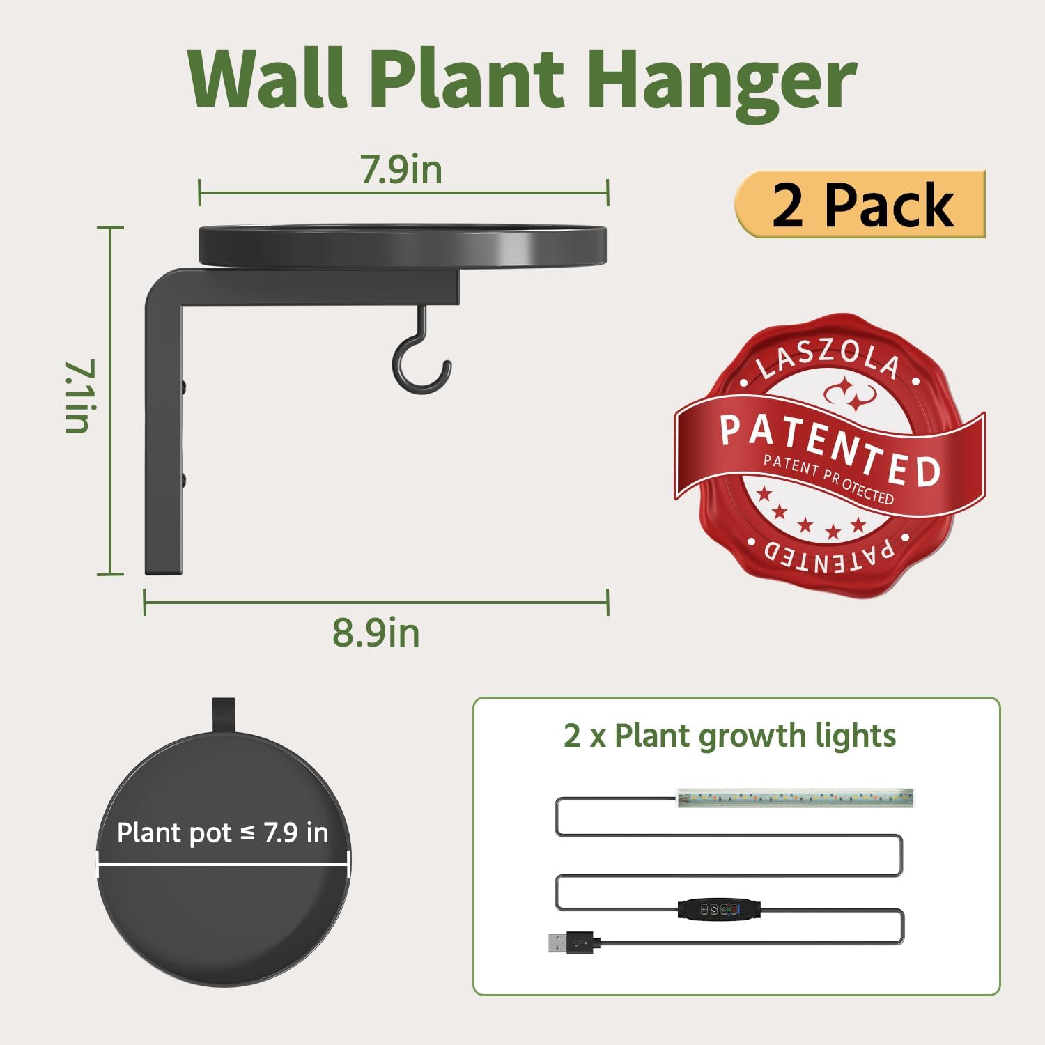 LASZOLA Plant Hanger Holder Shelf Wall Indoor with Lights, 2 Pcs Black | Modern Window Metal Floating Stand, Hanging