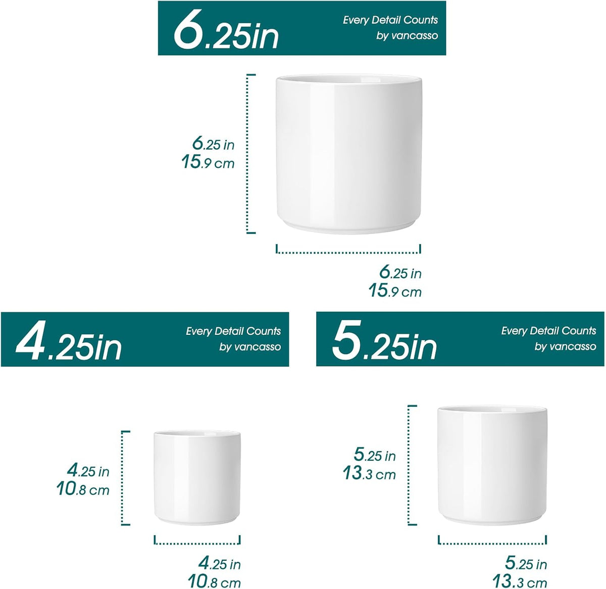 vancasso Ceramic Plant Pots, 4.25+5.25+6.25 Inch Planter Pot with Drainage Hole, Flower Pots for Indoor Outdoor Plants