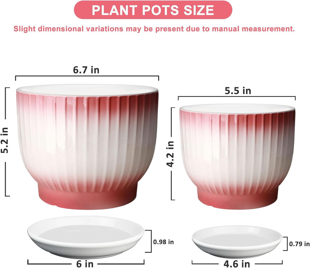 6.7 + 5.5 Inch Ceramic Plant Pots,Set of 2,Planters with Drainage Hole and Saucer,Flower pots for Indoor Plants,Elegant