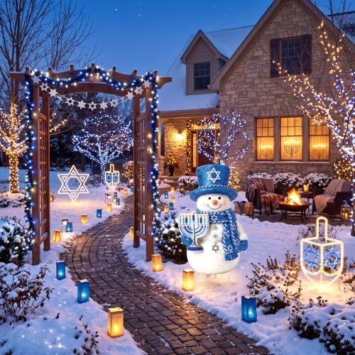 Hotop 20.47 Inch Metal Hanukkah Snowman Yard Signs with Stakes Chanukah Outdoor Holiday Lawn Decorations Hanukkah Garden Stakes for Jewish Holiday Garden Yard Patio Party Supplies