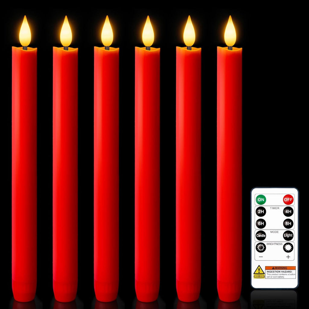 Homemory 6 Pcs Real Wax LED Red Flameless Taper Candles with Remote Timer, 9.6 Inches Fake Candlesticks, Dripless Battery Operated Window Candle with 3D Flickering Flame for Fireplace Xmas Decor