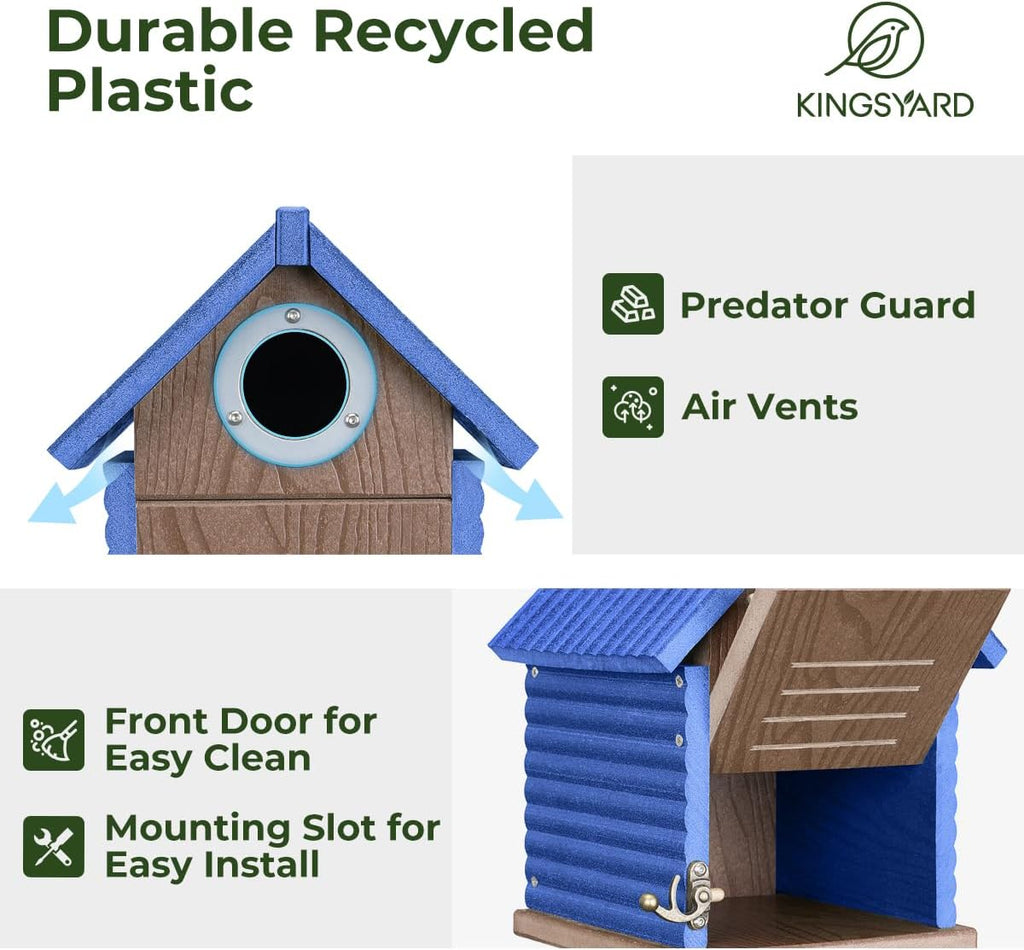 Kingsyard Recycled Plastic Bird House for Outdoors - Weatherproof Nesting Box with Clear View Panel & Predator Guard