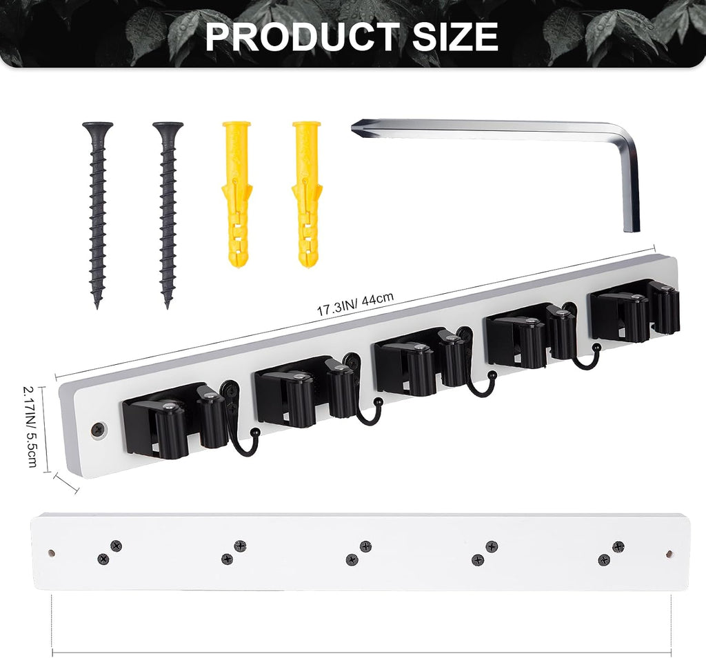 2 Pack Broom Holder Wall Mount With 5 Slots & 4 Hooks，Rustic Wood Broom & Mop Hanger，Wall Mounted Garden & Garage Tool