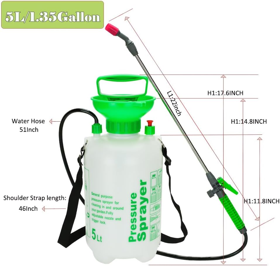 MRPAPA Pressurized Hand Sprayer - Multi-Purpose Garden Sprayer Gallon with Adjustable Nozzle (5L-Green)
