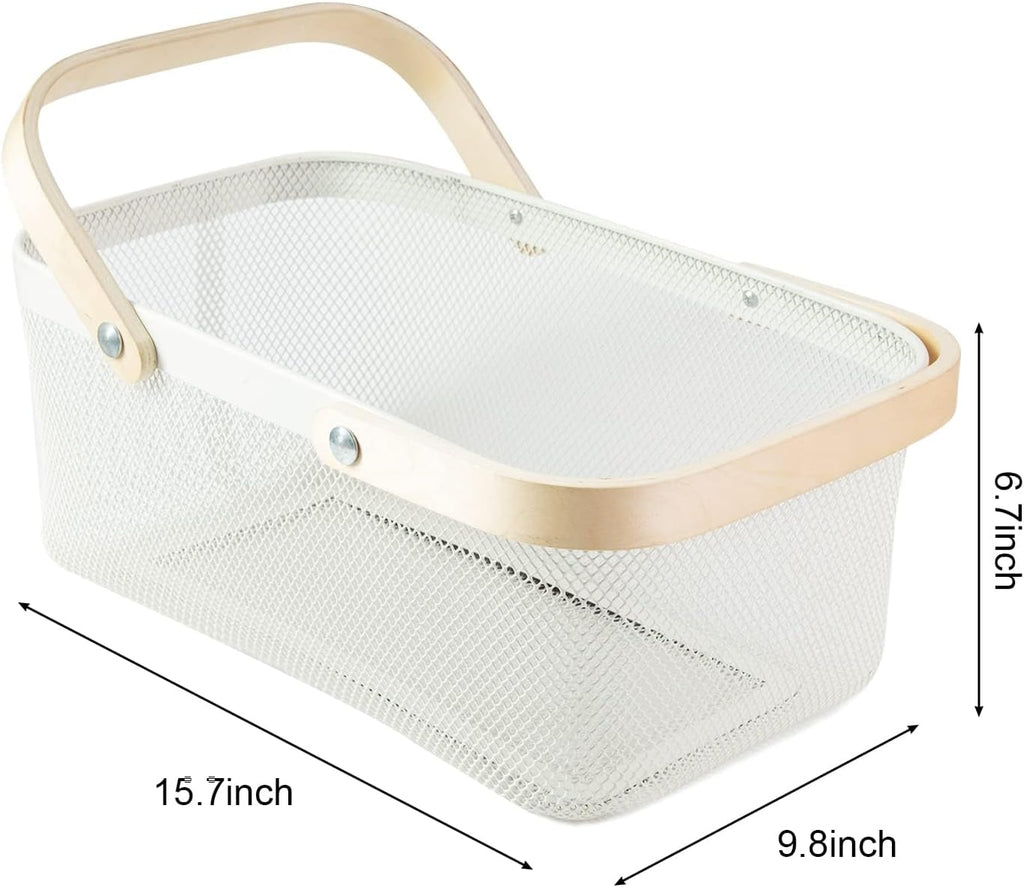 Portable Garden Harvest Basket-Mesh Design Natural Bamboo Handle Wire Storage Baskets,Mesh Basket with Handle Organize