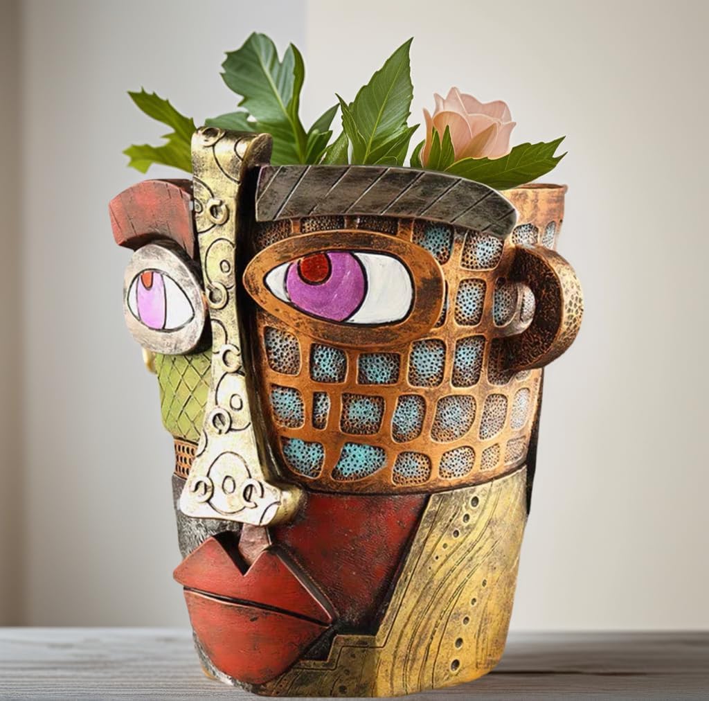Picasso Abstract Face Flower Pot,Unique Resin Crafted Planter with Drainage Holes,Interesting Colorful Planter with