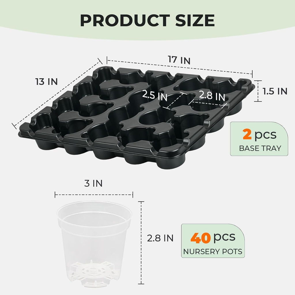 2 Pack 20 Cell Seed Starting Trays with 40 Clear 3 Inch Plant Pots | Reusable thick wall trays with raised bases