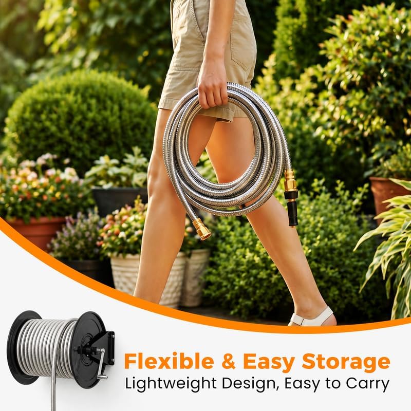 Expandable Metal Garden Hose 50 FT - 304 Stainless Steel Water Hose 50 FT - Lightweight non Kinking Flexible Garden