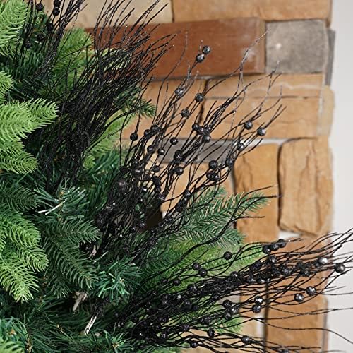 SLK 16-Pack Artificial Glitter Berry Stem Ornaments, Christmas and Halloween Decorative Glittery Twigs, Picks, Branches for Tree, Wreath, Small Vase, Halloween Party (Black)
