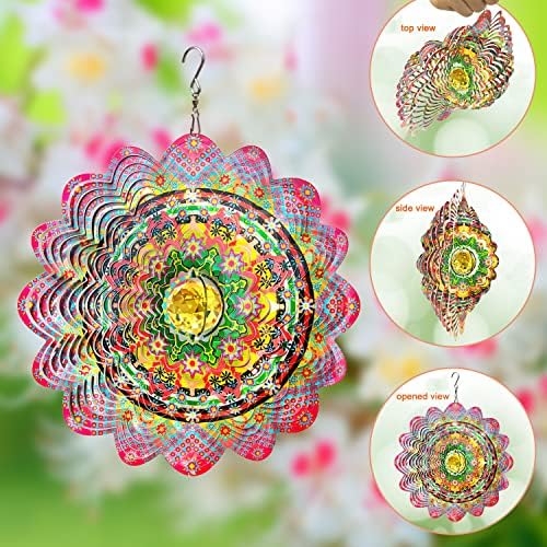 FONMY Mandala Wind Spinner w/Crystal Ball-Romatic Flower 3D Stainless Steel Hanging Spinners Worth Gift Christmas Decoration Indoor/Outdoor Garden Décor Kinetic Yard Art 12 Inches Wind Sculpture
