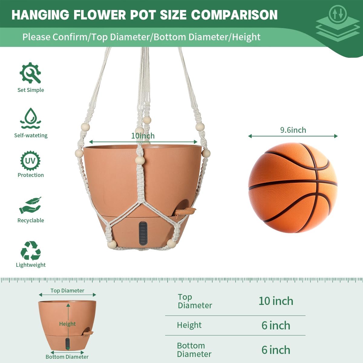 Self-Watering Hanging Planters for Indoor Plants Set 2-Piece Includes Plant Hanging Pot, Drainage-Hole Hanging Pot, and