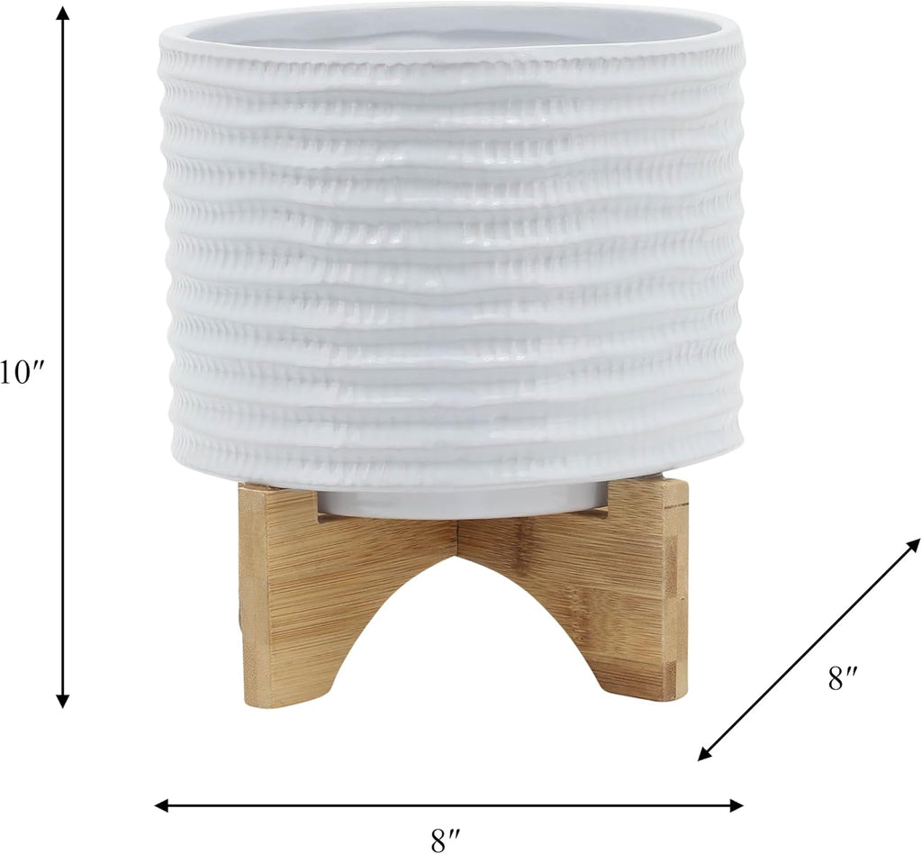 Ceramic Planter with Bamboo Stand – Modern Home Decor Indoor Plant Pot with Textured Stoneware Design – Decorative
