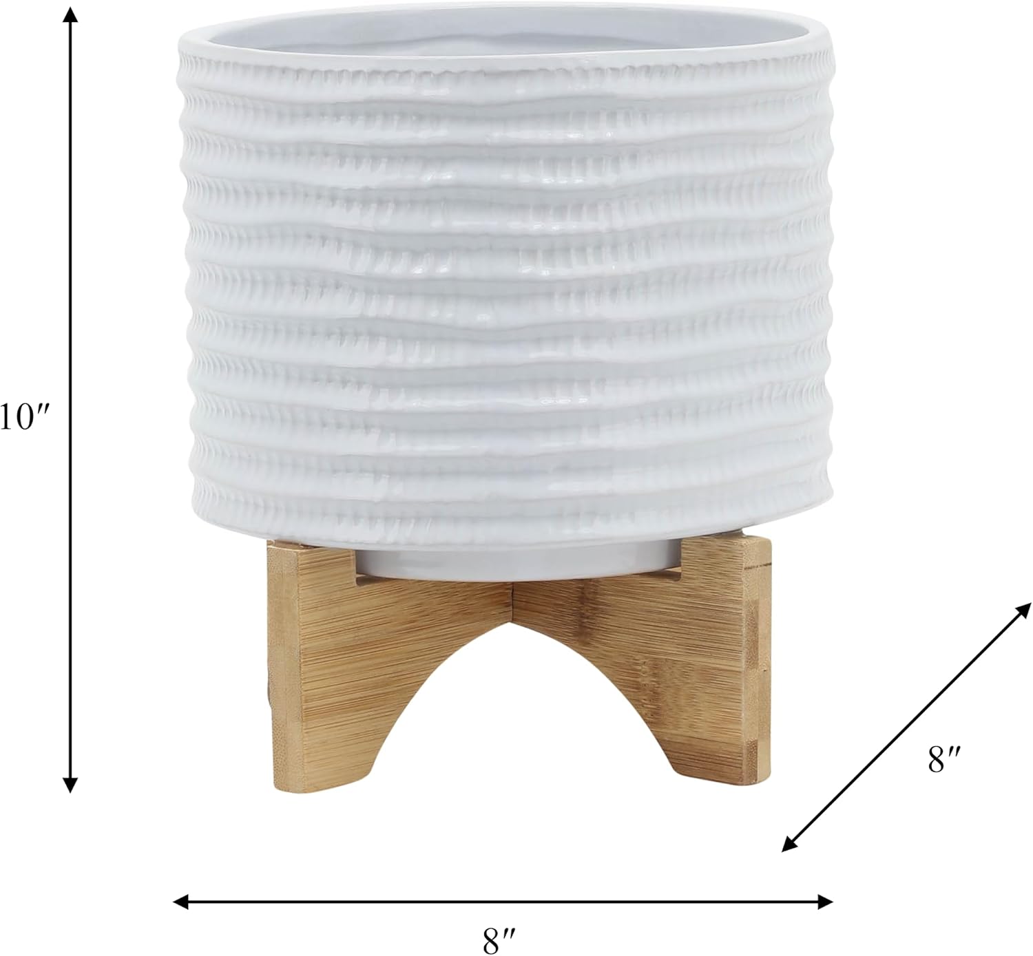 Ceramic Planter with Bamboo Stand – Modern Home Decor Indoor Plant Pot with Textured Stoneware Design – Decorative