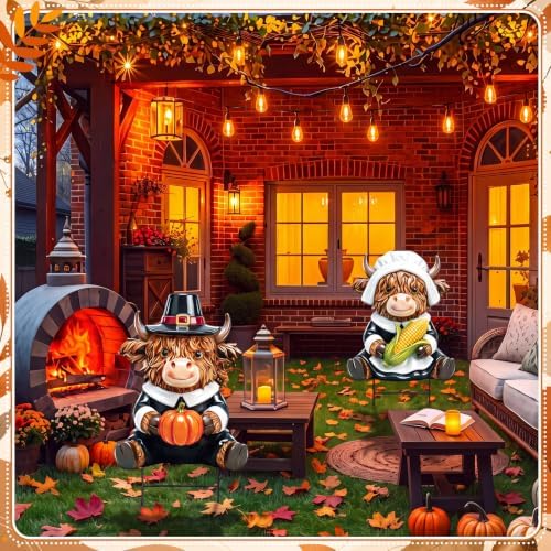 Amyhill 2 Pcs Thanksgiving Pilgrim Highland Cow Metal Garden Stakes Cow Figurines Outdoor Yard Decorations with Stakes Calf Statue Gifts Farmhouse Decor Sign for Home Lawn Porch Backyard Holiday Decor