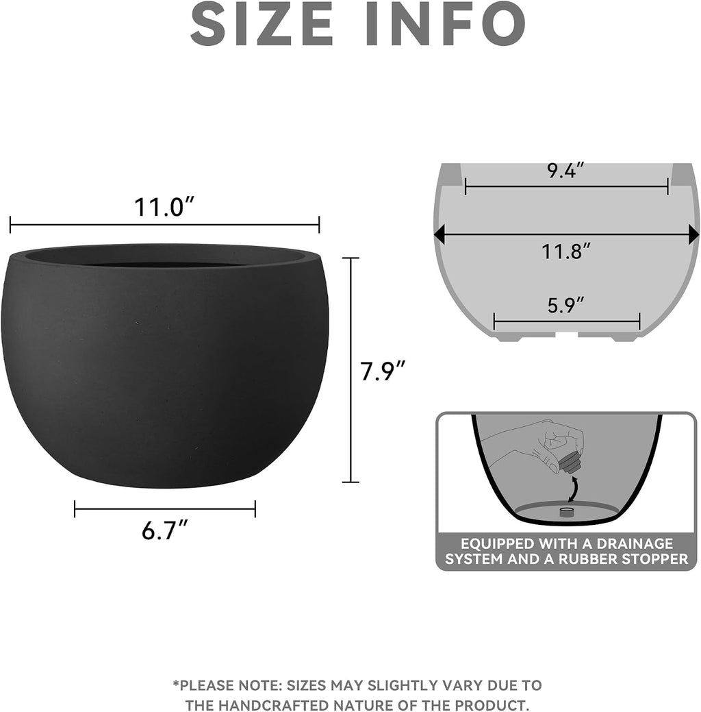 Kante Small Round Bowl Black Concrete Planter 11.8" Dia, Outdoor | Rubber Plug for Indoor, Drainage for Garden