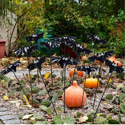 Weysat 12 Pcs Halloween Metal Bat Garden Stakes for Outdoor Garden Decor