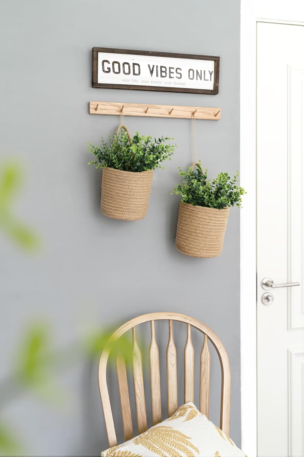 Dahey 2 Pack Woven Hanging Wall Basket 6.5"W×7"H with Artificial Eucalyptus | Easy Hanging Design, Jute Multi-Use